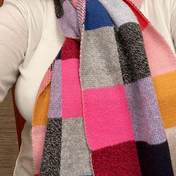 Colorful warm scarf with color block squares.